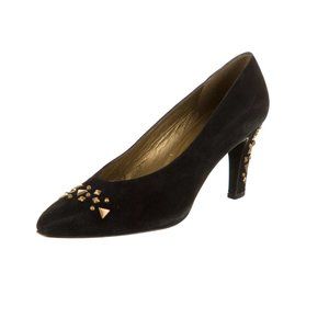 Vintage Stuart Weitzman Almond Shape Black Suede Gold Studded Accent Pumps